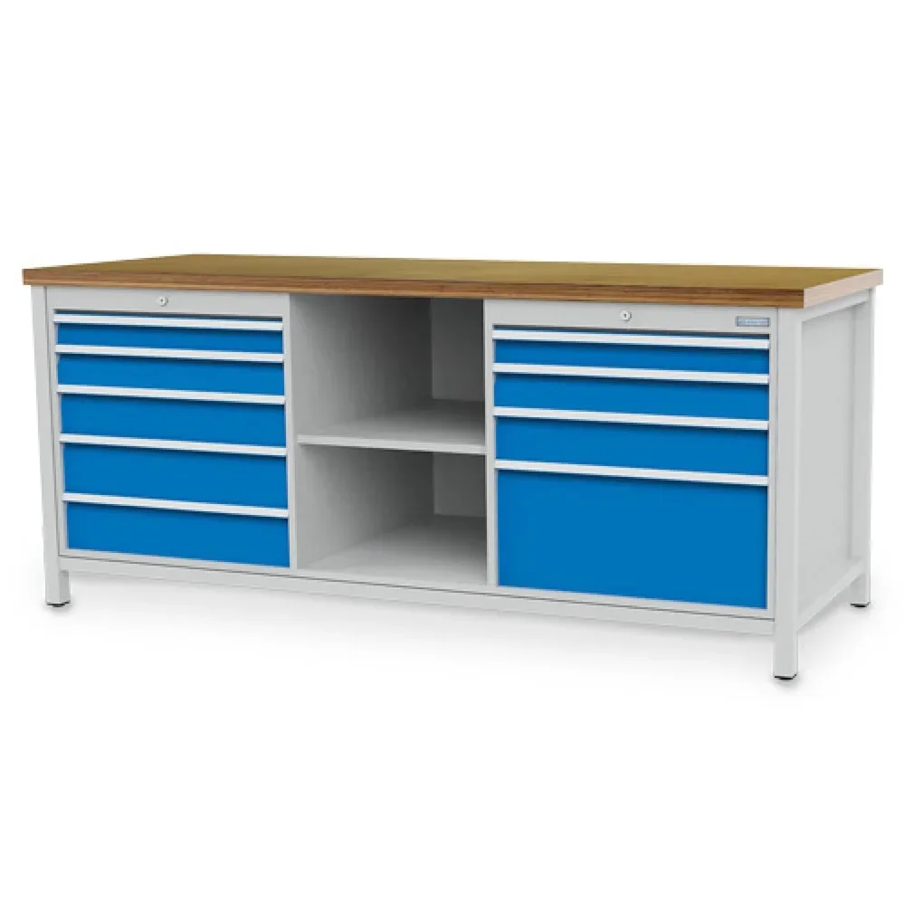 Bedrunka+Hirth Werkbank R 24-24, HxBxT 959 x 2.000 x 750 mm, lichtgrau, lichtblau, 9 Schubladen 2x75 + 2x100 2x125 + 2x150 + 1x300 mm
