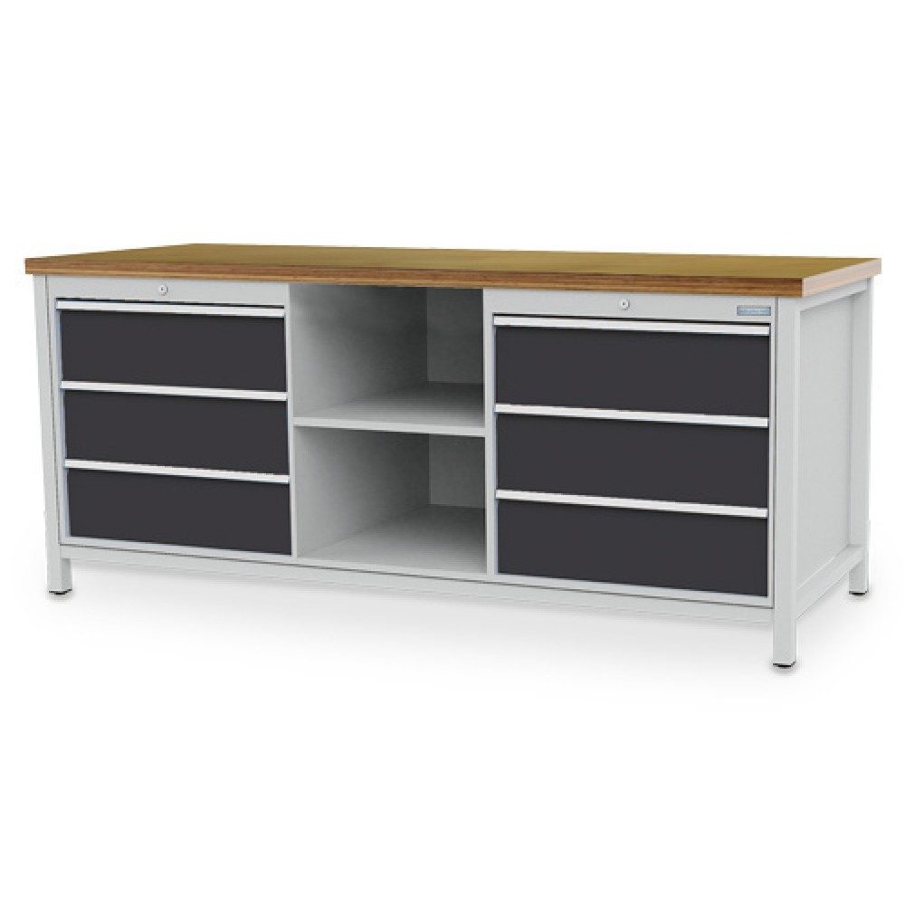 Bedrunka+Hirth Werkbank R 24-24, HxBxT 859 x 2.000 x 750 mm, lichtgrau, anthrazitgrau, 6 Schubladen 6x200 mm, 2 Fachböden