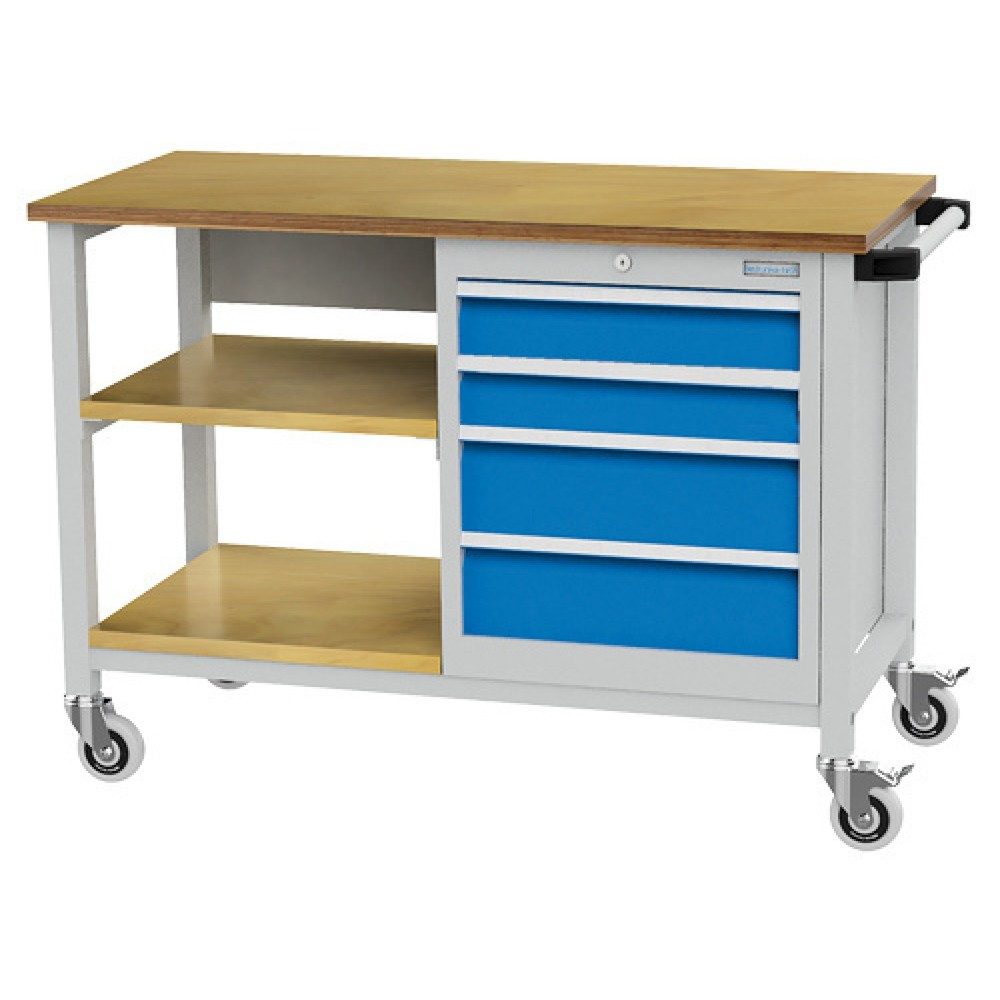 Bedrunka+Hirth Mobile Werkbank R 18-16, HxBxT 880 x 1.200 x 540 mm, lichtgrau, lichtblau, 2 Fachböden, 4 Schubladen 2x100 + 2x150 mm