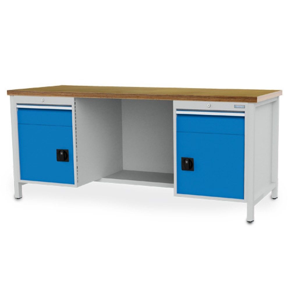Bedrunka+Hirth Werkbank R 18-24, HxBxT 959 x 2.000 x 750 mm, lichtgrau, lichtblau, 2 Schubladen 2x150 mm, 2 Flügeltüren 2x450 mm