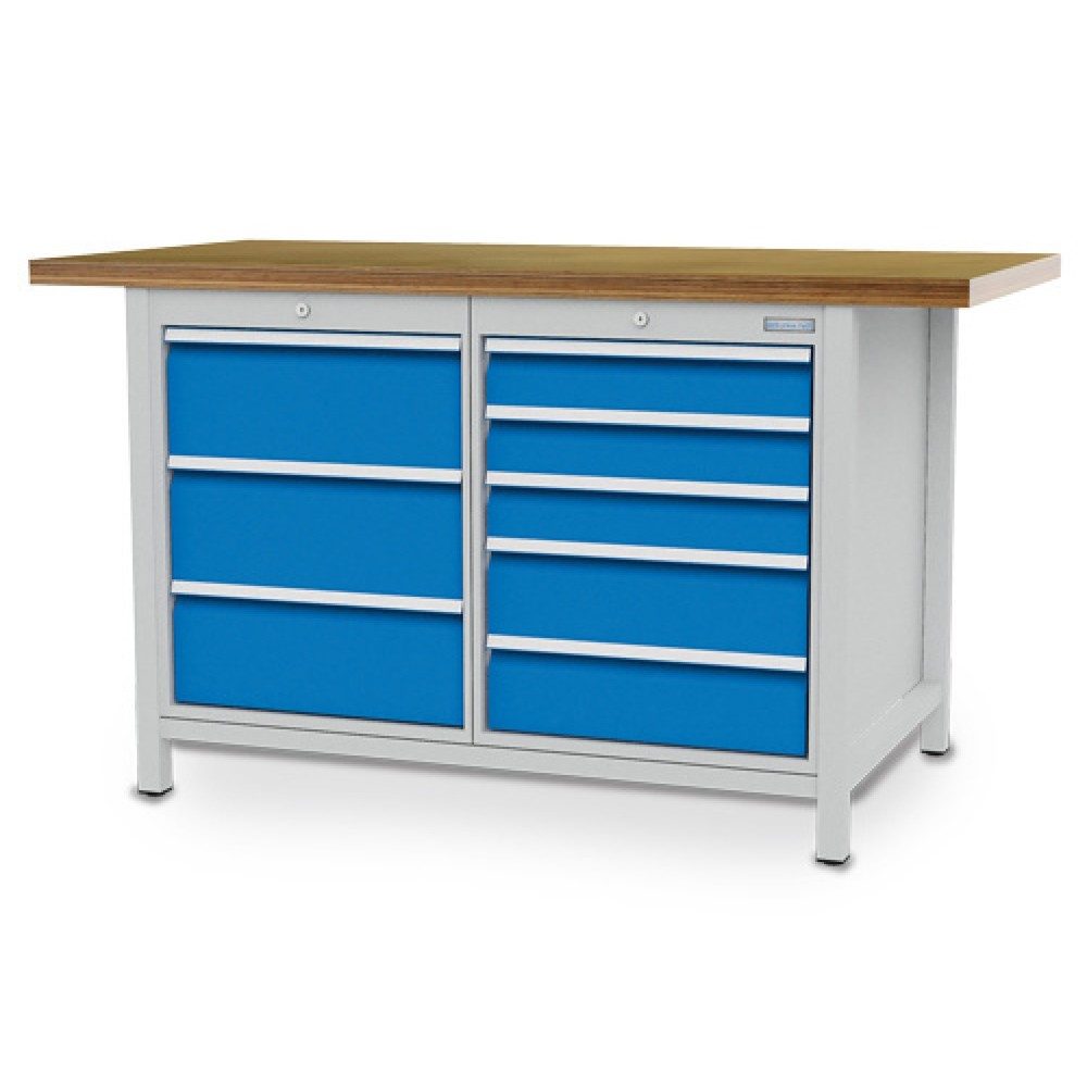 Bedrunka+Hirth Kastenwerkbank R 18-24, HxBxT 959 x 1.500 x 750 mm, lichtgrau, lichtblau, 8 Schubladen 3x200 + 3x100 + 2x150 mm