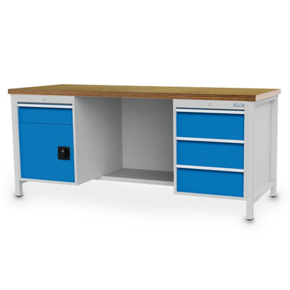 Bedrunka+Hirth Werkbank R 18-24, HxBxT 859 x 2.000 x 750 mm, lichtgrau, lichtblau, 4 Schubladen 1x150 mm + 3x200 mm, 1 Flügeltür 1x450 mm