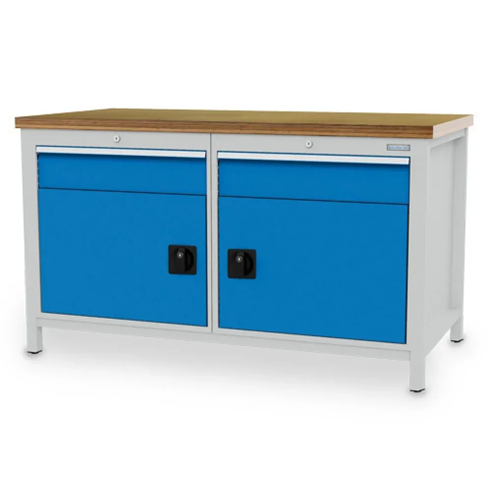 Bedrunka+Hirth Werkbank R 24-24, HxBxT 959 x 1.500 x 750 mm, lichtgrau, lichtblau, 2 Schubladen 2x150 mm, 2 Flügeltüren 2x450 mm