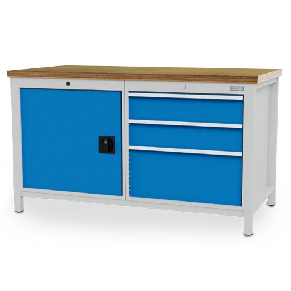 Bedrunka+Hirth Werkbank R 24-24, HxBxT 959 x 1.500 x 750 mm, lichtgrau, lichtblau, 3 Schubladen 2x150 mm + 1x300 mm, 1 Flügeltür 1x600 mm