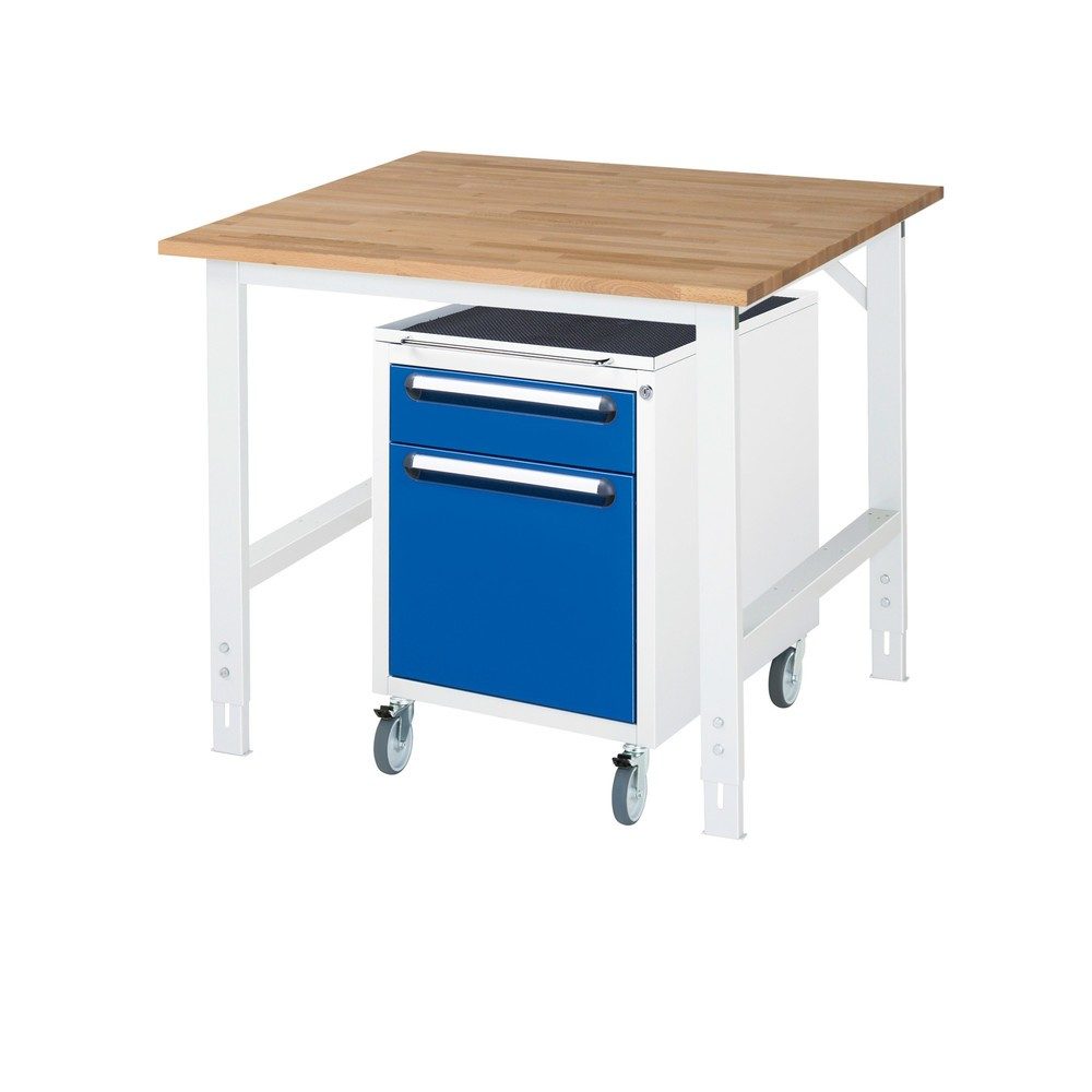kaiserkraft Arbeitstisch mit Schubladenschrank, Roll-Container mit 2 Schubladen 1 x 120, 1 x 360 mm, BxT 1000 x 1000 mm, B-Platte, Stärke 25 mm