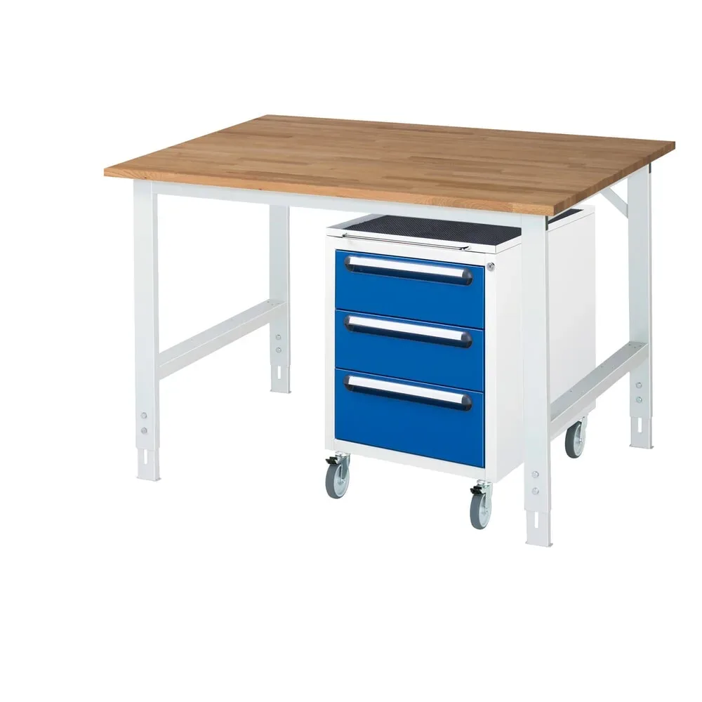 kaiserkraft Arbeitstisch mit Schubladenschrank, Roll-Container mit 3 Schubladen 2 x 150, 1 x 180 mm, BxT 1250 x 1000 mm, B-Platte, Stärke 25 mm