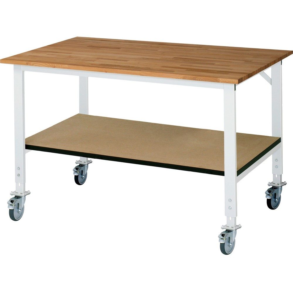 Arbeitstisch mit Ablageboden, fahrbar, Bucheplatte, Stärke 25 mm, BxT 1500 x 1000 mm RAU