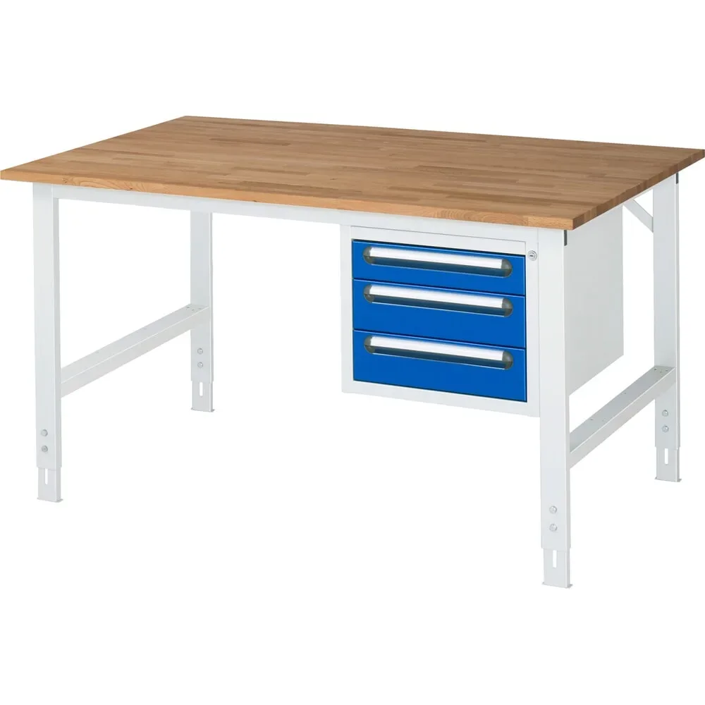 kaiserkraft Arbeitstisch mit Schubladenschrank, Unterbau-Container mit 3 Schubladen 1 x 90, 2 x 120 mm, BxT 1500 x 1000 mm, B-Platte, Stärke 25 mm