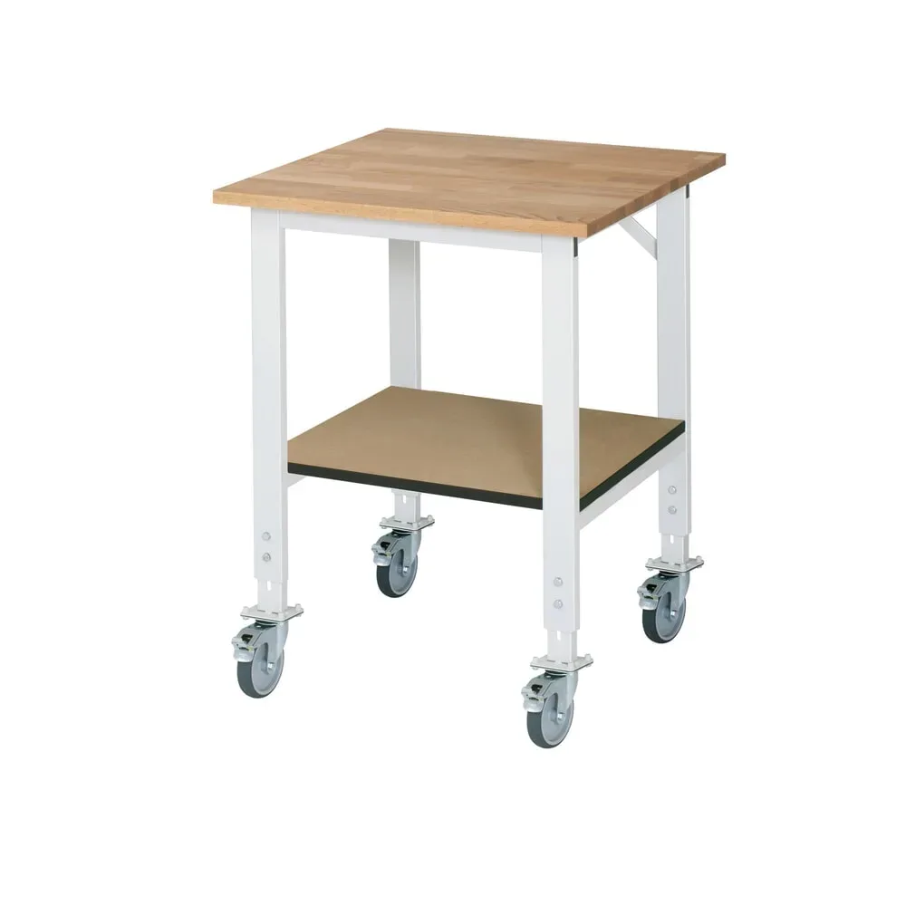 Arbeitstisch mit Ablageboden, fahrbar, Bucheplatte, Stärke 25 mm, BxT 750 x 800 mm RAU
