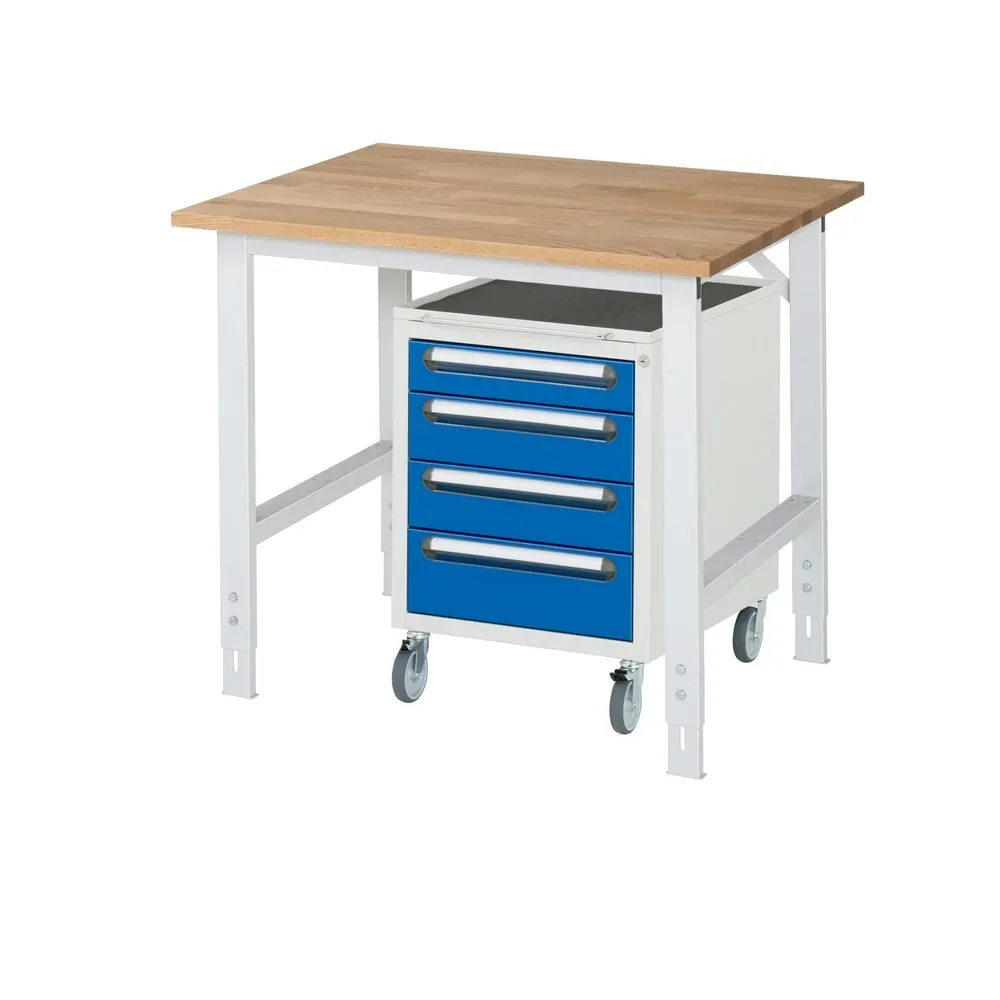 kaiserkraft Arbeitstisch mit Schubladenschrank, Roll-Container mit 4 Schubladen 1 x 90, 2 x 120, 1 x 140 mm, BxT 1000 x 800 mm, B-Platte, Stärke 25 mm