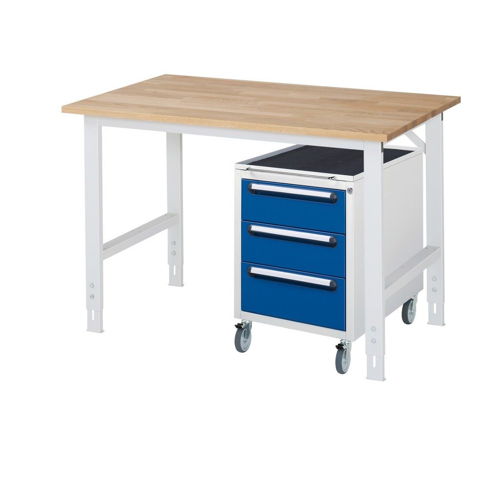 kaiserkraft Arbeitstisch mit Schubladenschrank, Roll-Container mit 3 Schubladen 2 x 150, 1 x 180 mm, BxT 1250 x 800 mm, B-Platte, Stärke 25 mm