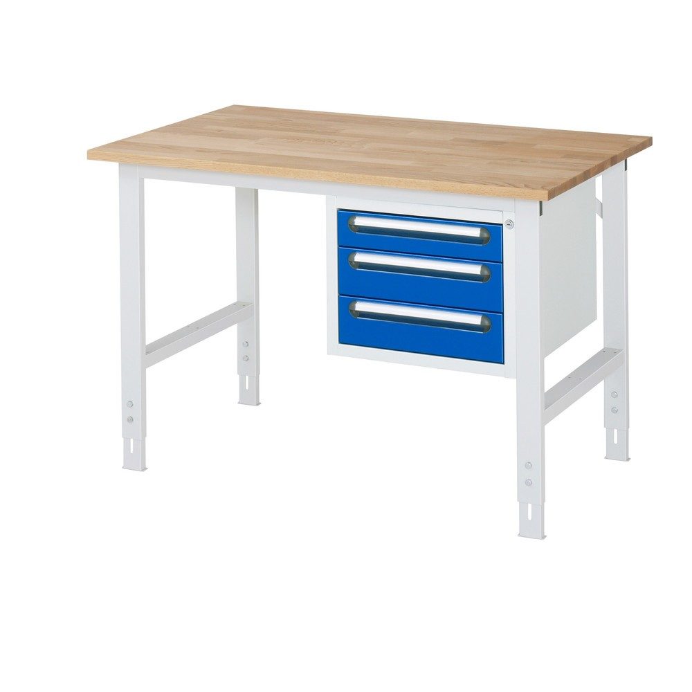 RAU höhenverstellbarer Werktisch Serie TOM, HxBxT 760-1.080 x 1.250 x 800 mm, 3 Schubladen, Arbeitsplatte Buche-Massiv