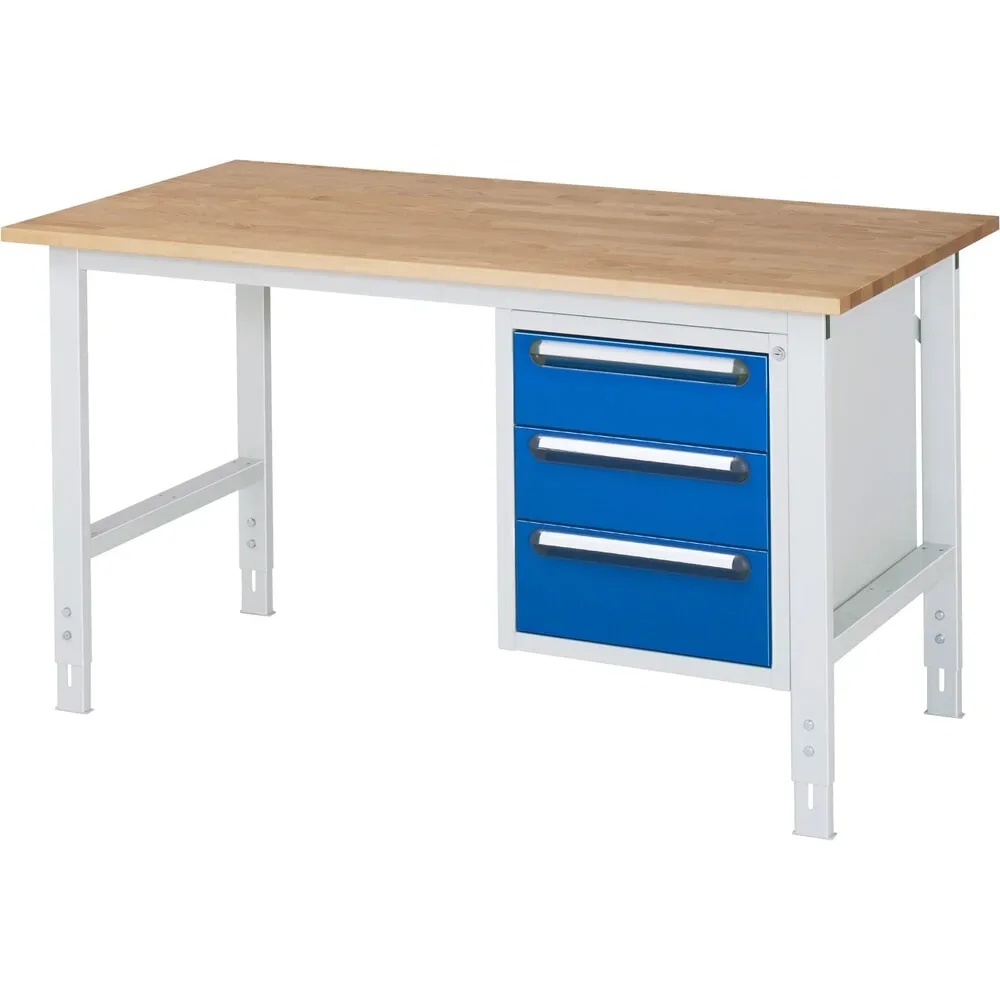 kaiserkraft Arbeitstisch mit Schubladenschrank, Unterbau-Container mit 3 Schubladen 2 x 150, 1 x 180 mm, BxT 1500 x 800 mm, B-Platte, Stärke 25 mm
