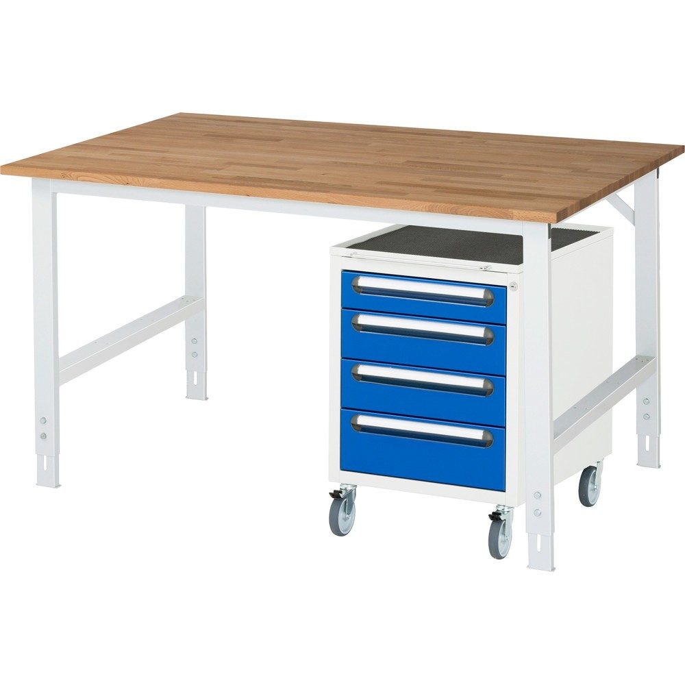 kaiserkraft Arbeitstisch mit Schubladenschrank, Roll-Container mit 4 Schubladen 1 x 90, 2 x 120, 1 x 140 mm, BxT 1500 x 800 mm, B-Platte, Stärke 25 mm
