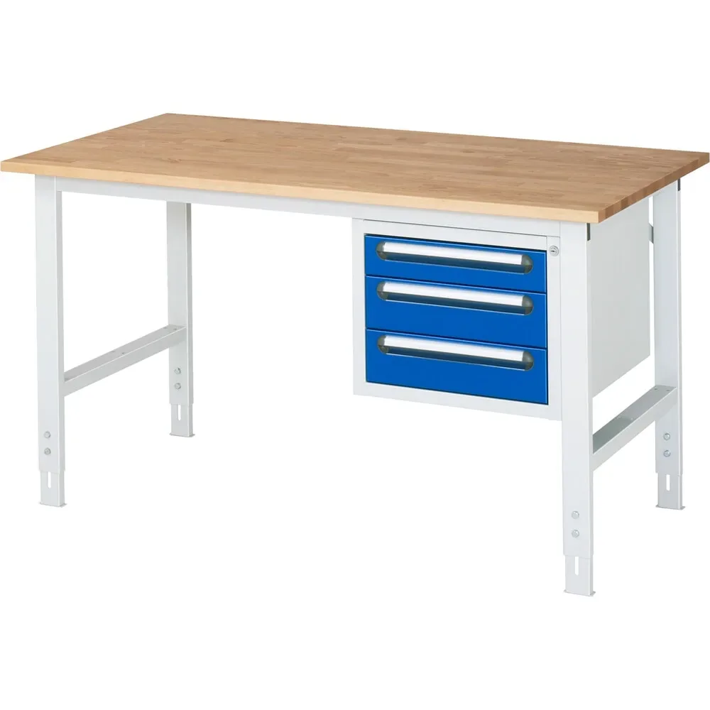 kaiserkraft Arbeitstisch mit Schubladenschrank, Unterbau-Container mit 3 Schubladen 1 x 90, 2 x 120 mm, BxT 1500 x 800 mm, B-Platte, Stärke 25 mm
