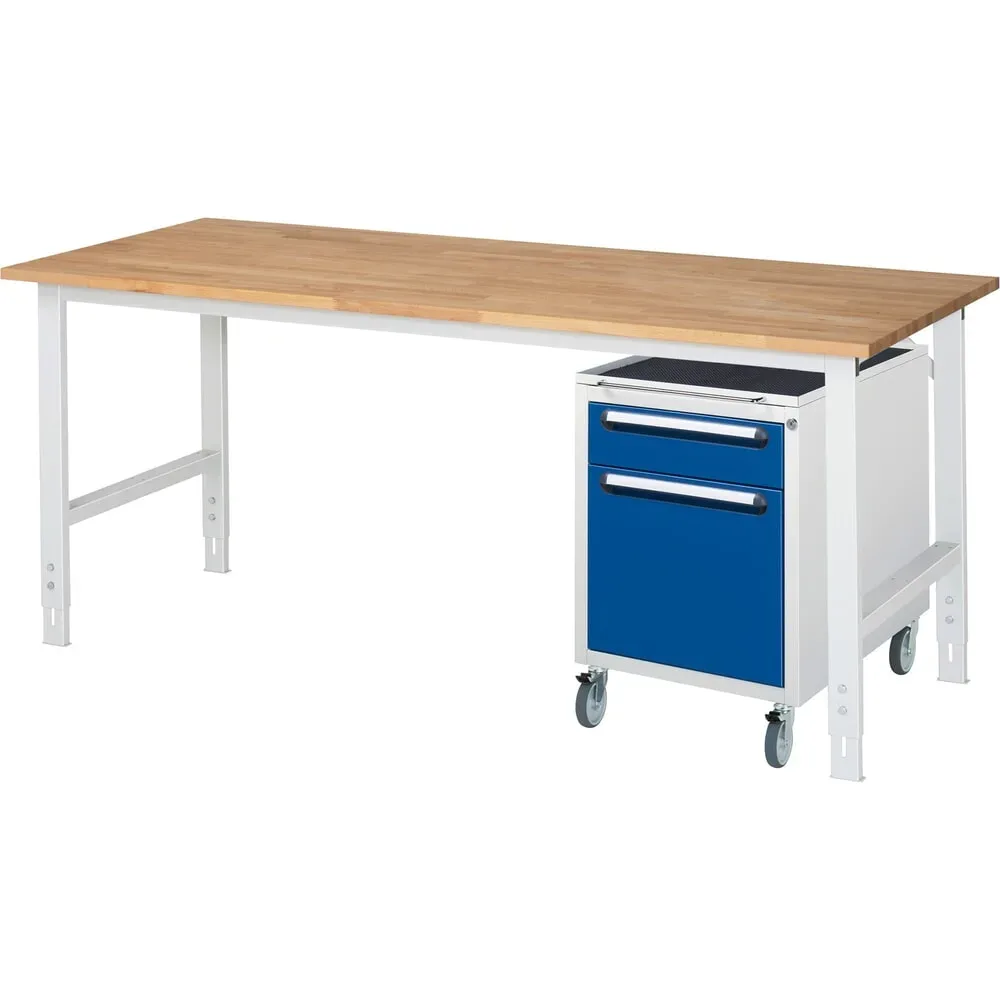kaiserkraft Arbeitstisch mit Schubladenschrank, Roll-Container mit 2 Schubladen 1 x 120, 1 x 360 mm, BxT 2000 x 800 mm, B-Platte, Stärke 25 mm