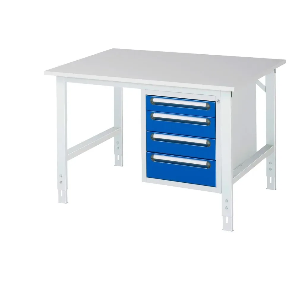 RAU höhenverstellbarer Werktisch Serie TOM, HxBxT 760-1.080 x 1.250 x 1.000 mm, 4 Schubladen, Arbeitsplatte Melamin-Belag
