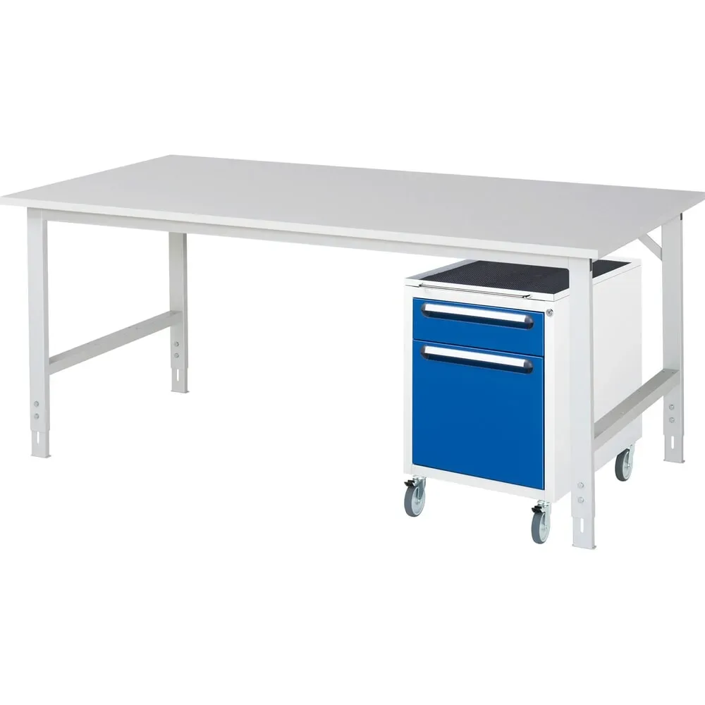 kaiserkraft Arbeitstisch mit Schubladenschrank, Roll-Container mit 2 Schubladen 1 x 120, 1 x 360 mm, BxT 2000 x 1000 mm, M-Platte, Stärke 22 mm