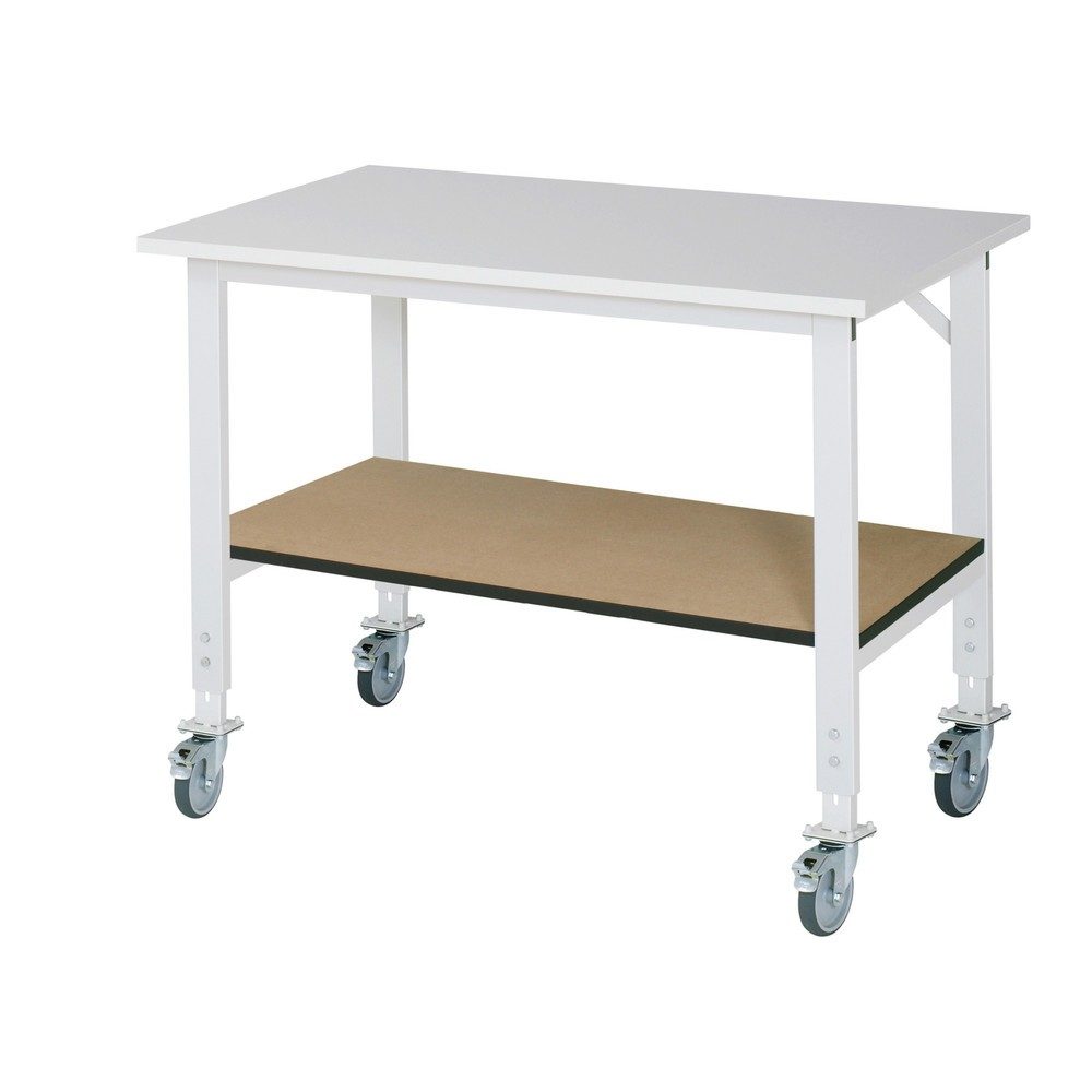 RAU höhenverstellbarer, mobiler Werktisch Serie TOM, HxBxT 910-1.230 x 1.250 x 800 mm, Arbeitsplatte Melamin-Belag
