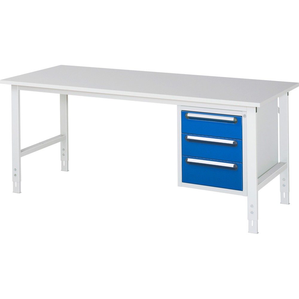 RAU höhenverstellbarer Werktisch Serie TOM, HxBxT 760-1.080 x 2.500 x 800 mm, 3 Schubladen, Arbeitsplatte Melamin-Belag