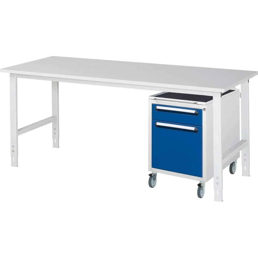 kaiserkraft Arbeitstisch mit Schubladenschrank, Roll-Container mit 2 Schubladen 1 x 120, 1 x 360 mm, BxT 2000 x 800 mm, M-Platte, Stärke 22 mm
