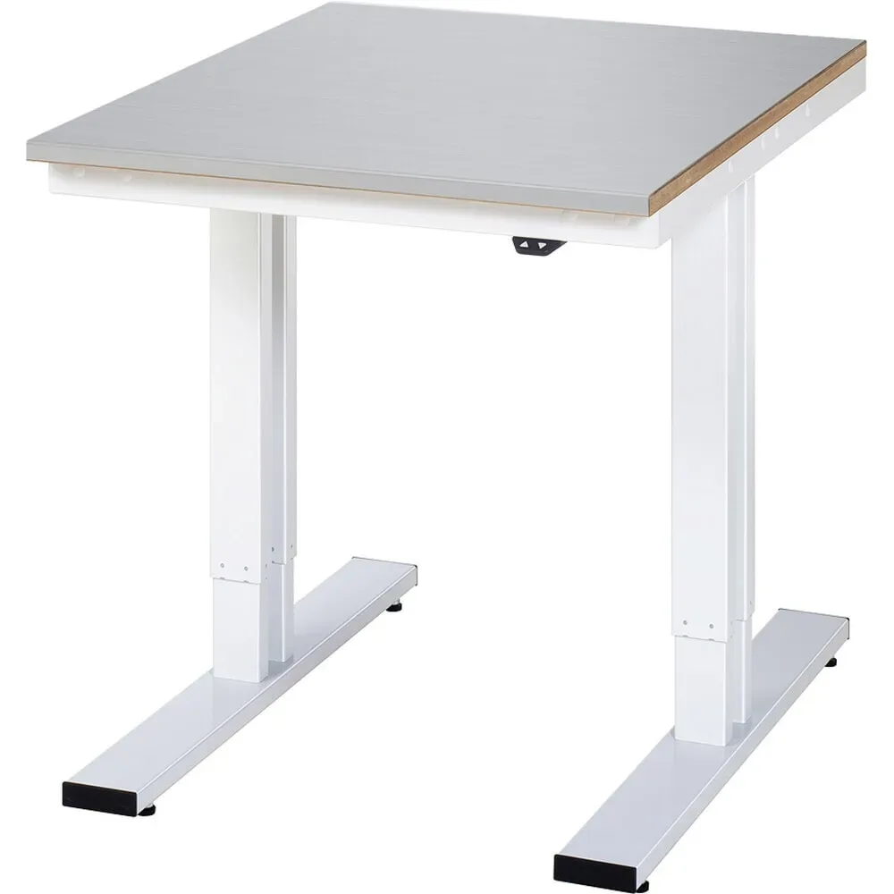 Rau Werktisch Adlatus, elektrisch höhenverstellbar, 25 mm MDF-Platte mit Edelstahlbelag, bis 300 kg, B 750 x T 1000 x H 720-1120 mm, silber/lichtgrau