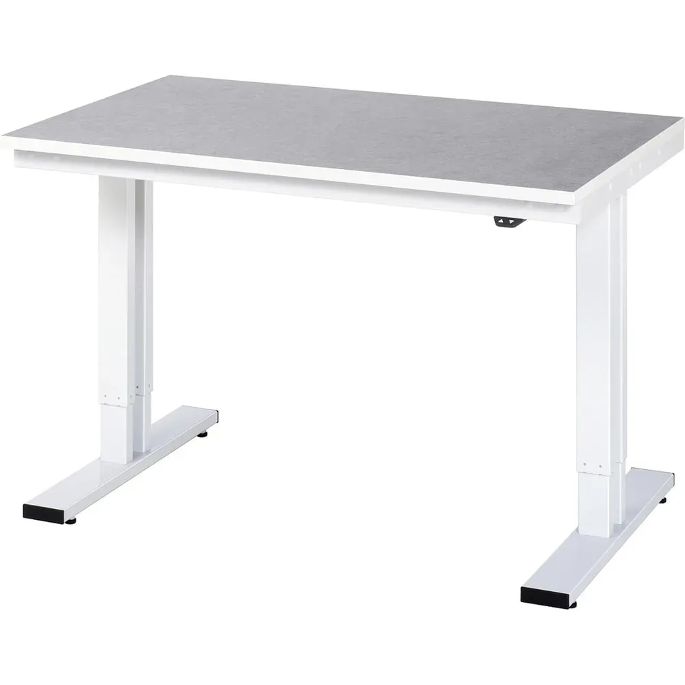 Rau Werktisch Adlatus, elektrisch höhenverstellbar, 25 mm Spanplatte,  Linoleumbelag, bis 300 kg, B 1250 x T 800 x H 720-1120 mm, hellgrau/lichtgrau