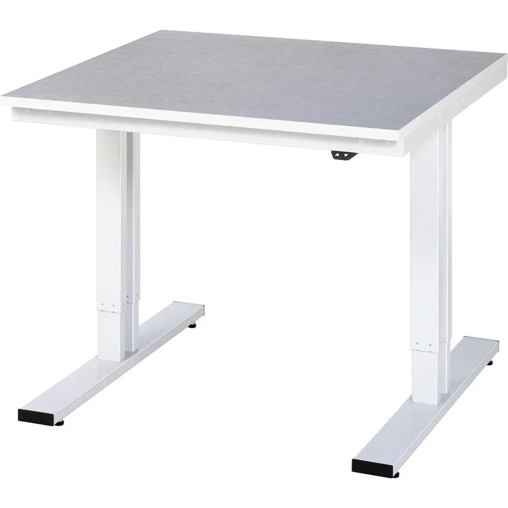 Rau Werktisch Adlatus, elektrisch höhenverstellbar, 25 mm Spanplatte,  Linoleumbelag, bis 300 kg, B 1000 x T 1000 x H 720-1120 mm, hellgrau/lichtgrau
