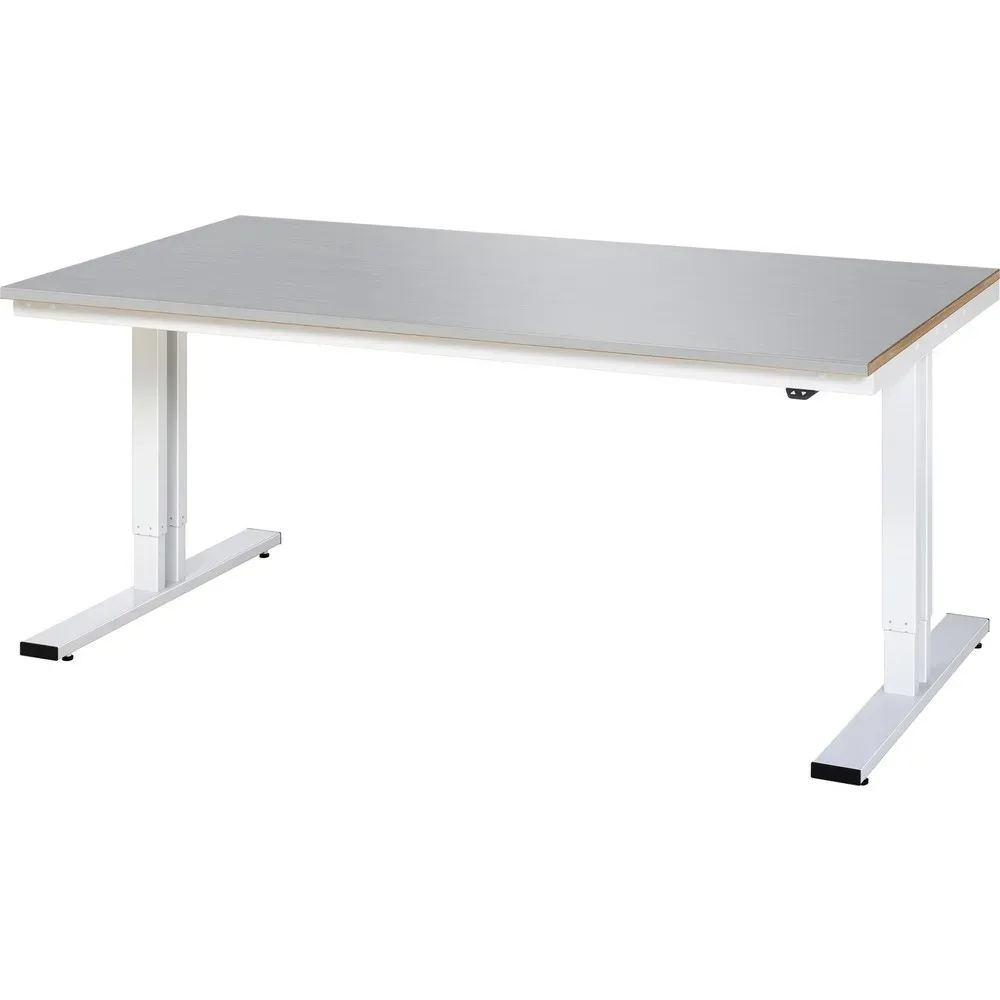 RAU elektrisch höhenverstellbarer Werktisch Serie adlatus 300, HxBxT 720-1.120 x 2.000 x 1.000 mm, Edelstahlblech-Belag Arbeitsplatte