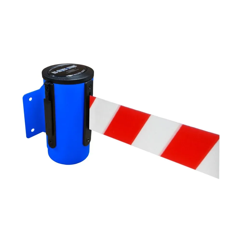 RS-GUIDESYSTEMS® Wandgurt-Kassette aus Metall, pulverbeschichtet, Auszugslänge 2,3 m, blau, rot / weiss diagonal gestreift