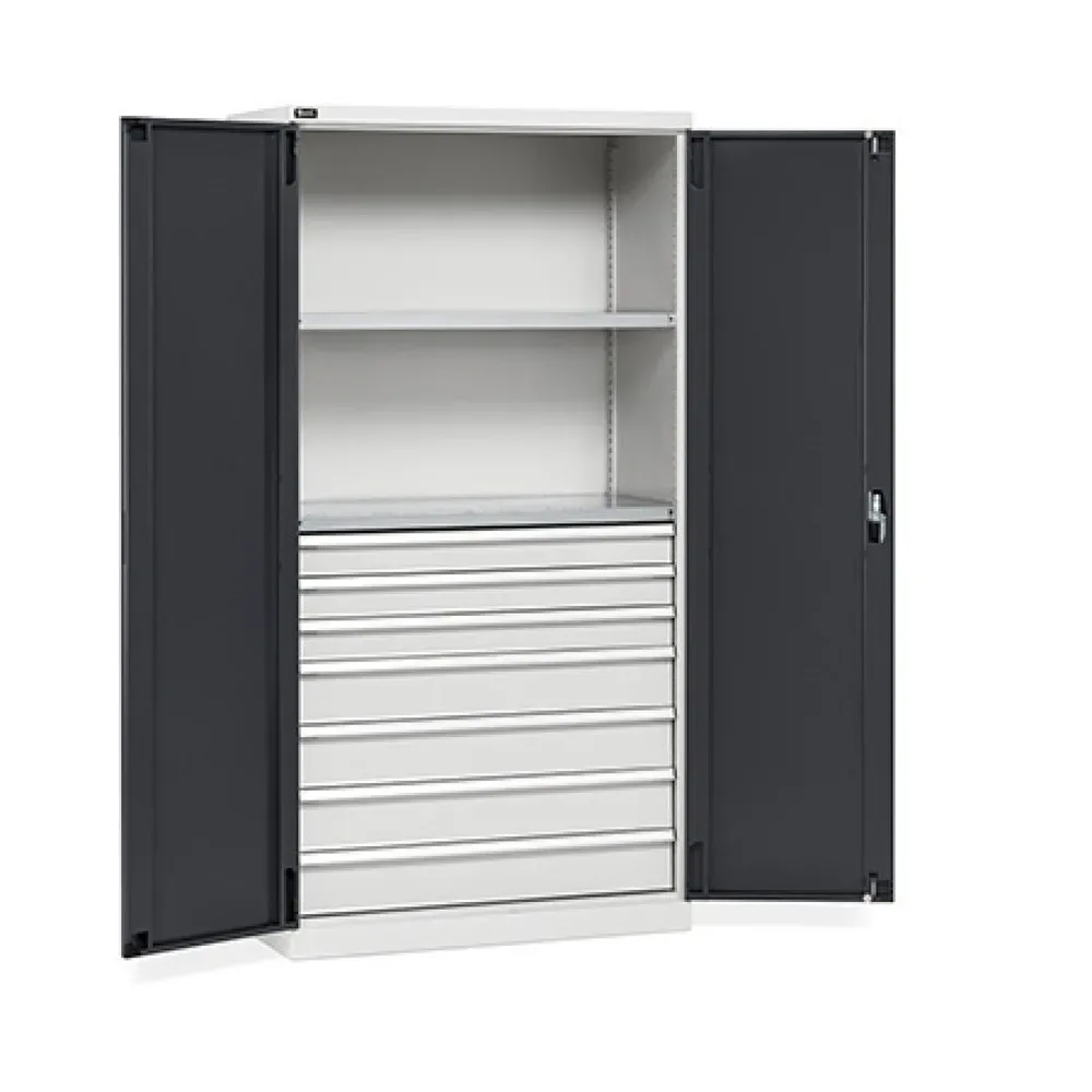 Fami PERFOM Flügeltürschrank, 7 Schubladen, 2 Fachböden, HxBxT 2.000 x 1.023 x 555 mm, lichtgrau, anthrazit
