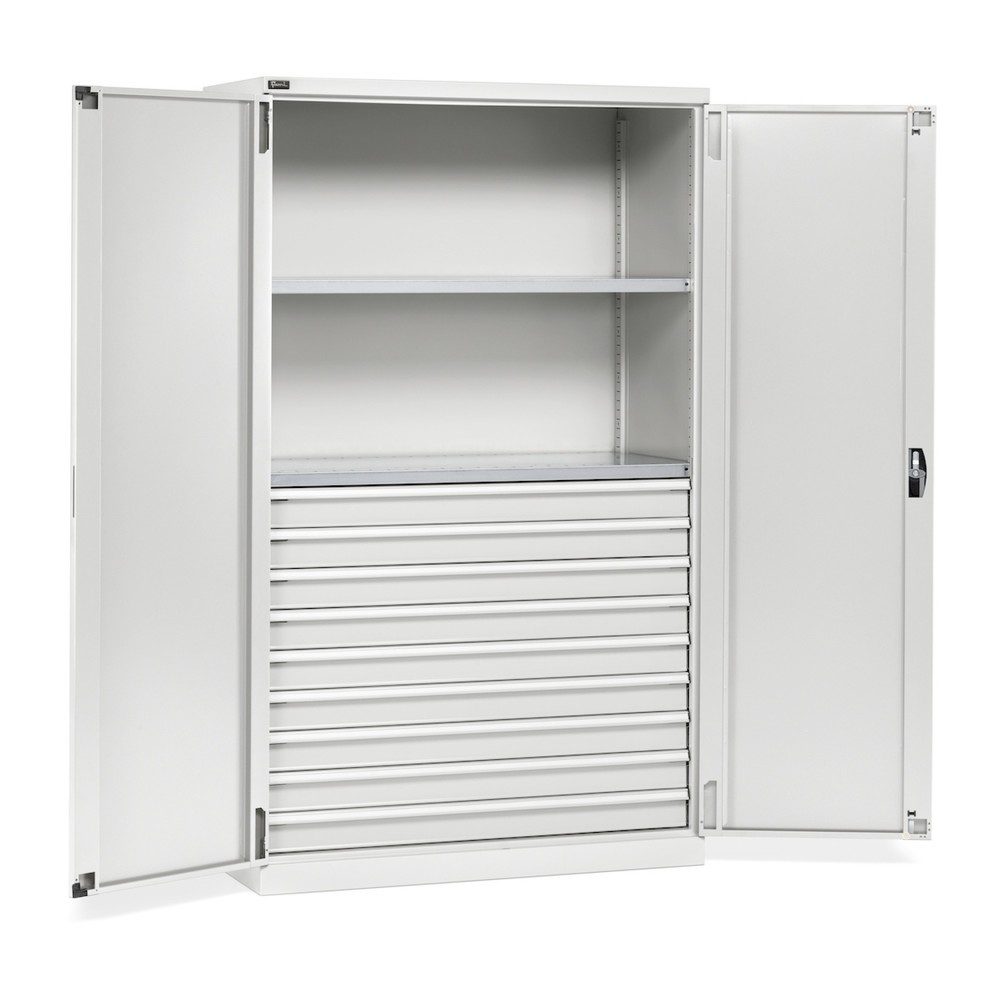Fami PERFOM Flügeltürschrank, 9 Schubladen, 2 Fachböden, HxBxT 2.000 x 1.193 x 555 mm, lichtgrau