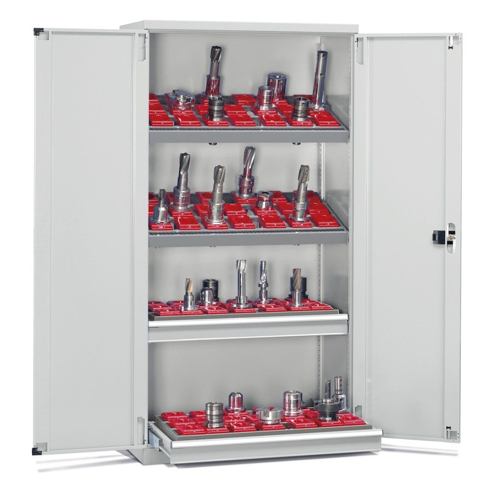 Fami PERFOM Lagersystem für CNC-Werkzeuge, 2 Schubladen, 2 Fachböden, HxBxT 2.000 x 1.023 x 555 mm, 50 Werkzeugeinsätze ISO 50, lichtgrau