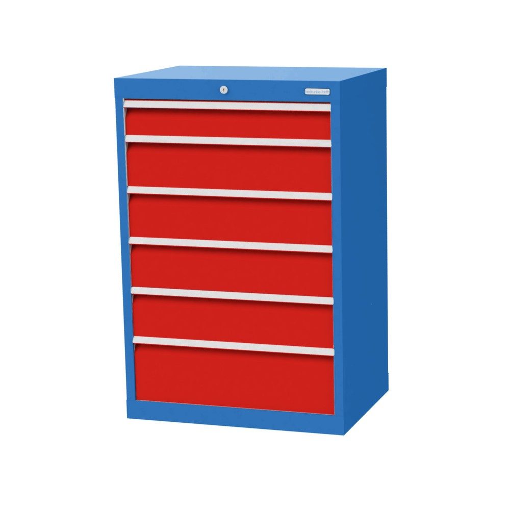 Bedrunka+Hirth Schubladenschrank Profi, Schubladen 1x100 + 4x150 + 1x200 mm, HxBxT 1.019 x 680 x 500 mm, lichtblau/verkehrsrot