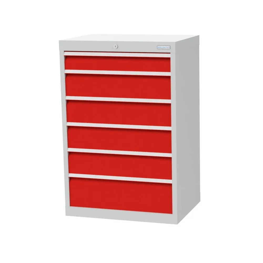 Bedrunka+Hirth Schubladenschrank Profi, Schubladen 1x100 + 4x150 + 1x200 mm, HxBxT 1.019 x 680 x 500 mm, lichtgrau/verkehrsrot