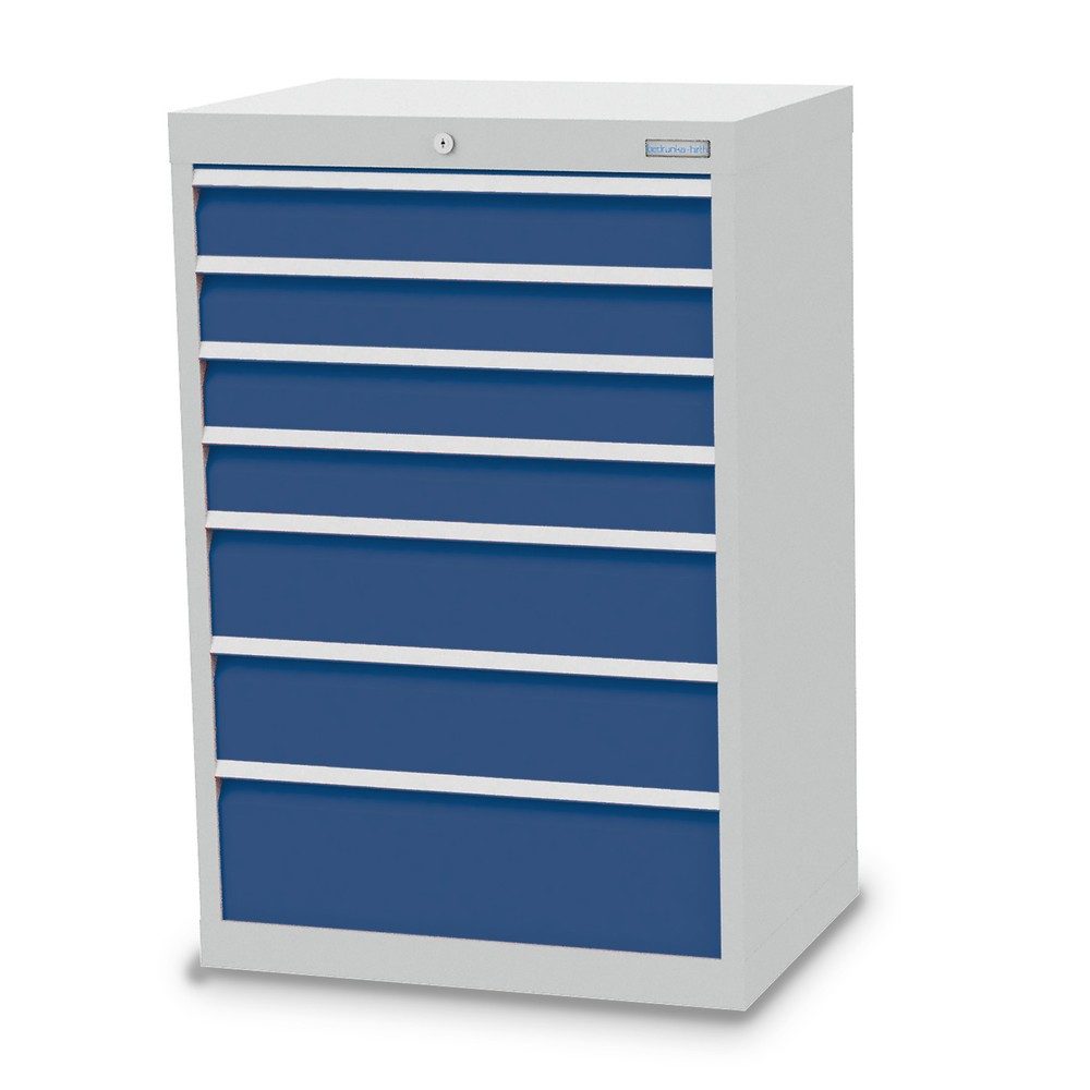 Bedrunka+Hirth Schubladenschrank Profi, Schubladen 4x100 + 2x150 + 1x200 mm, HxBxT 1.019 x 680 x 500 mm, lichtgrau/enzianblau