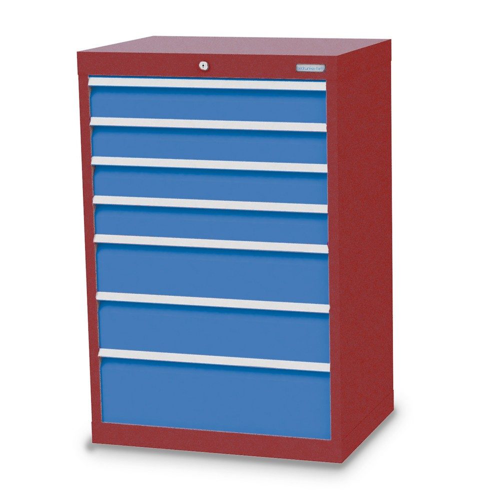 Bedrunka+Hirth Schubladenschrank Profi, Schubladen 4x100 + 2x150 + 1x200 mm, HxBxT 1.019 x 680 x 500 mm, rubinrot/lichtblau
