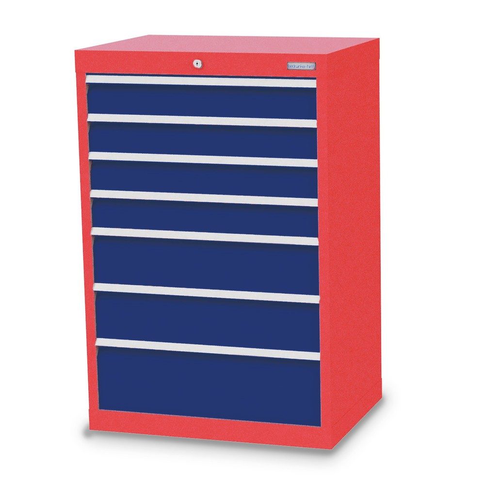 Bedrunka+Hirth Schubladenschrank Profi, Schubladen 4x100 + 2x150 + 1x200 mm, HxBxT 1.019 x 680 x 500 mm, verkehrsrot/enzianblau
