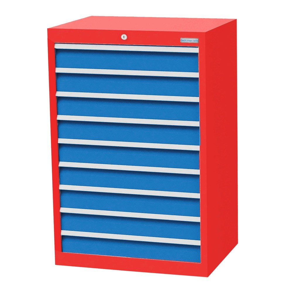 Bedrunka+Hirth Schubladenschrank Profi, Schubladen 9x100 mm, HxBxT 1.019 x 680 x 500 mm, verkehrsrot/lichtblau