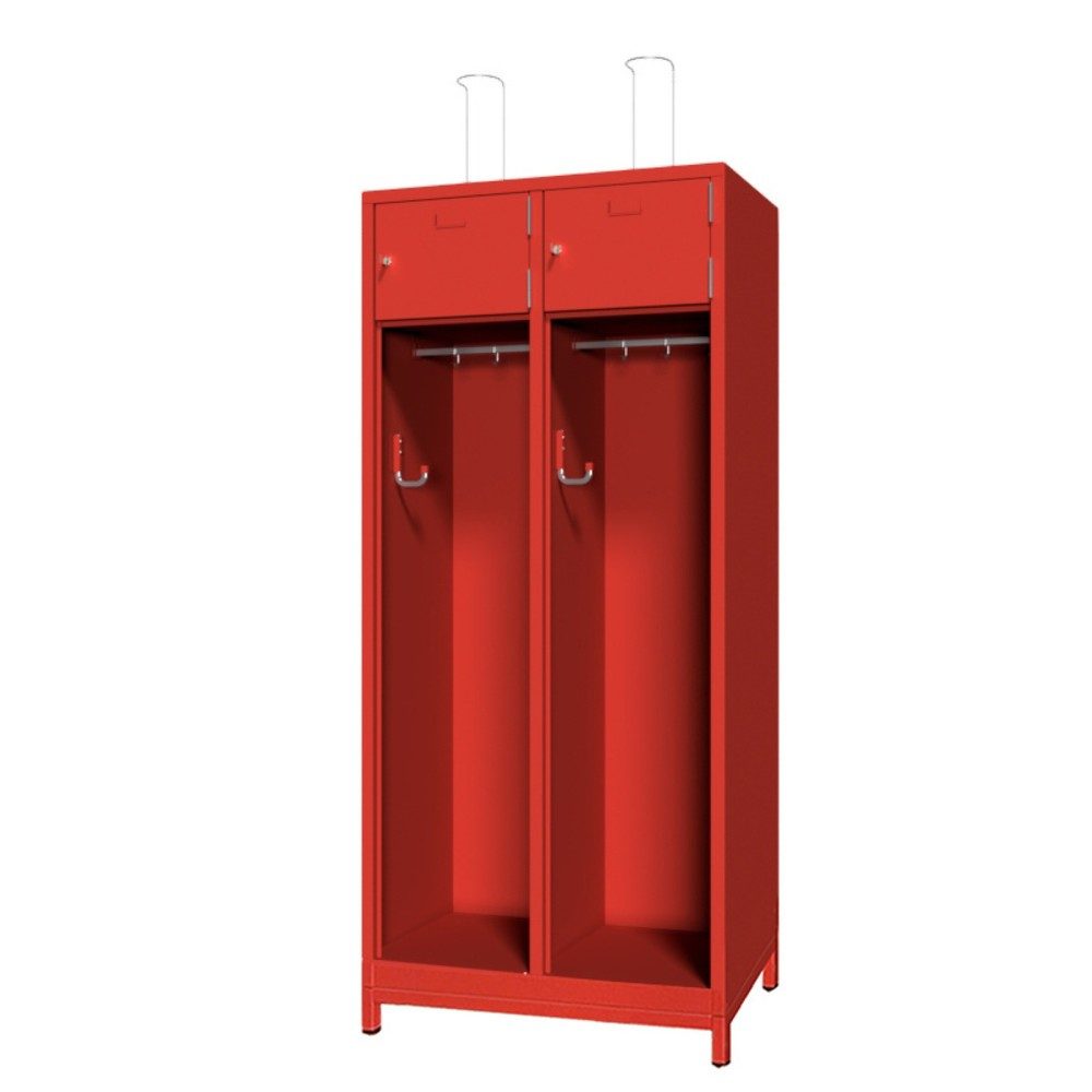 PAVOY Feuerwehrschrank mit Edelstahl-Helmhalter, Untergestell, 2tlg., AB 400, Schliessfachtüren mit Etikettenrahmen und Zylinderschloss