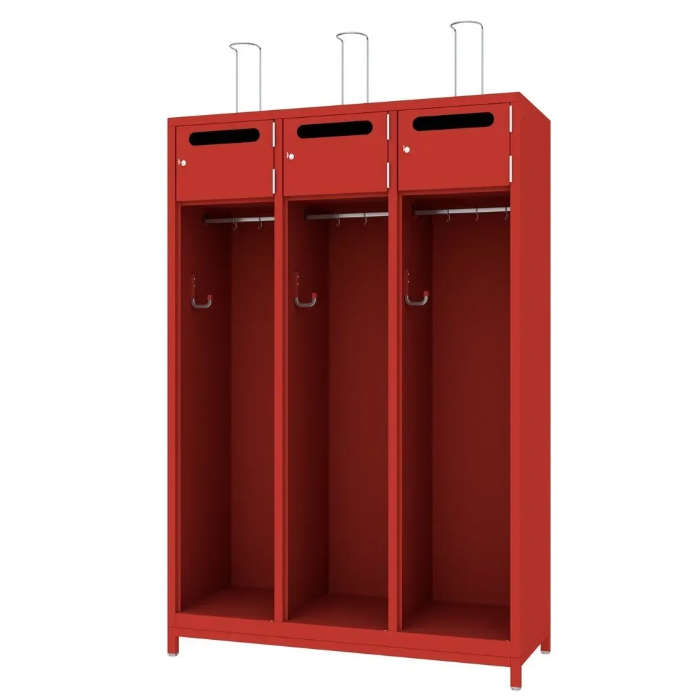 PAVOY Feuerwehrschrank mit Edelstahl-Helmhalter, Untergestell, 3tlg., AB 400, Schliessfachtüren mit Einwurfschlitz und Zylinderschloss