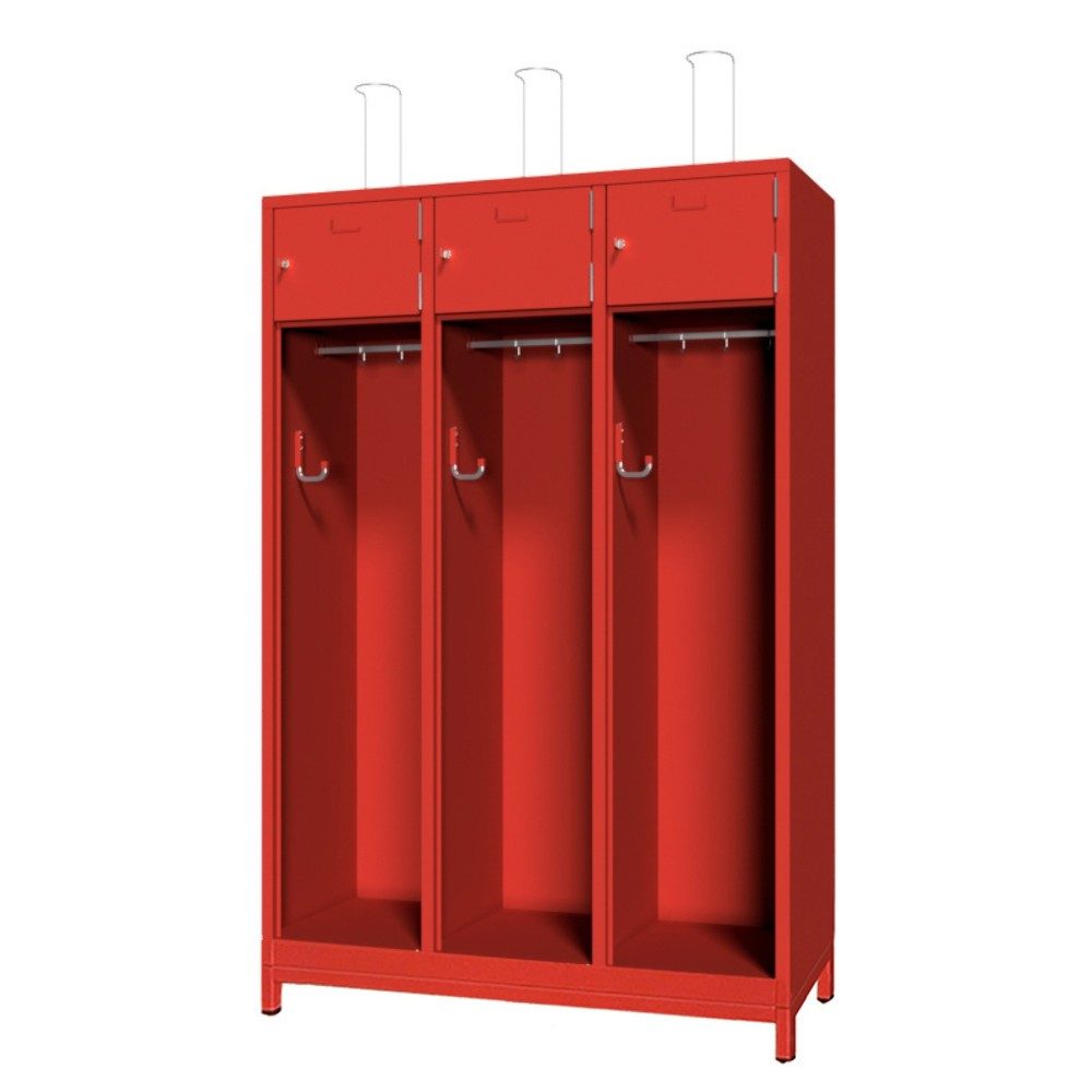 PAVOY Feuerwehrschrank mit Edelstahl-Helmhalter, Untergestell, 3tlg., AB 400, Schliessfachtüren mit Etikettenrahmen und Zylinderschloss