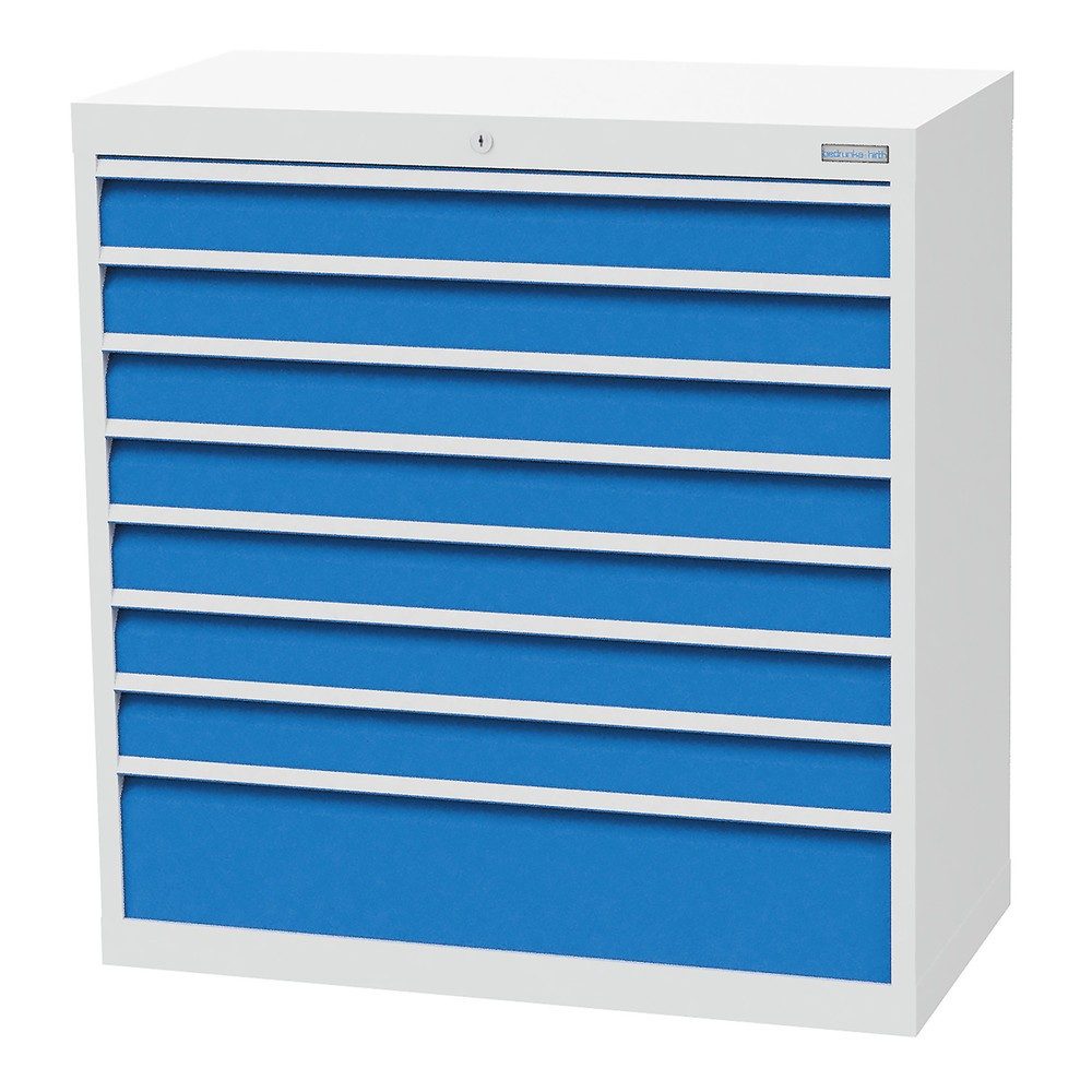 Bedrunka+Hirth Schubladenschrank R 36-16, HxBxT 1.019 x 980 x 500 mm, lichtgrau, lichtblau, 8 Schubladen 7x100 + 1x200 mm