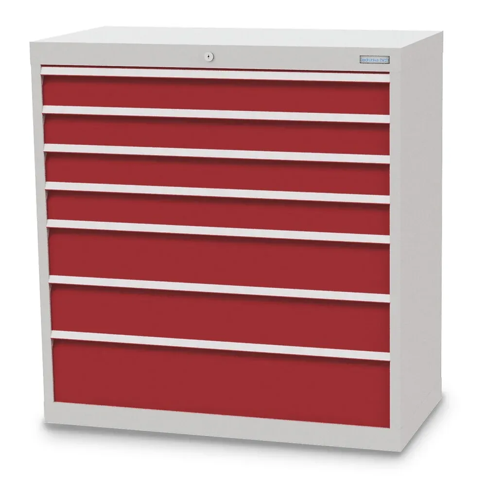 Bedrunka+Hirth Schubladenschrank Profi, Schubladen 4x100 + 2x150 + 1x200 mm, HxBxT 1.019 x 980 x 500 mm, lichtgrau/rubinrot