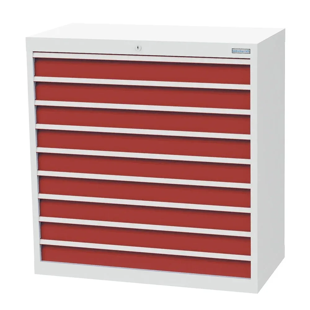 Bedrunka+Hirth Schubladenschrank Profi, Schubladen 9x100 mm, HxBxT 1.019 x 980 x 500 mm, lichtgrau/rubinrot