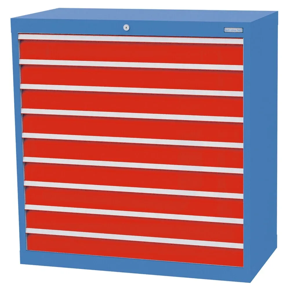 Bedrunka+Hirth Schubladenschrank Profi, Schubladen 9x100 mm, HxBxT 1.019 x 980 x 500 mm, lichtblau/verkehrsrot