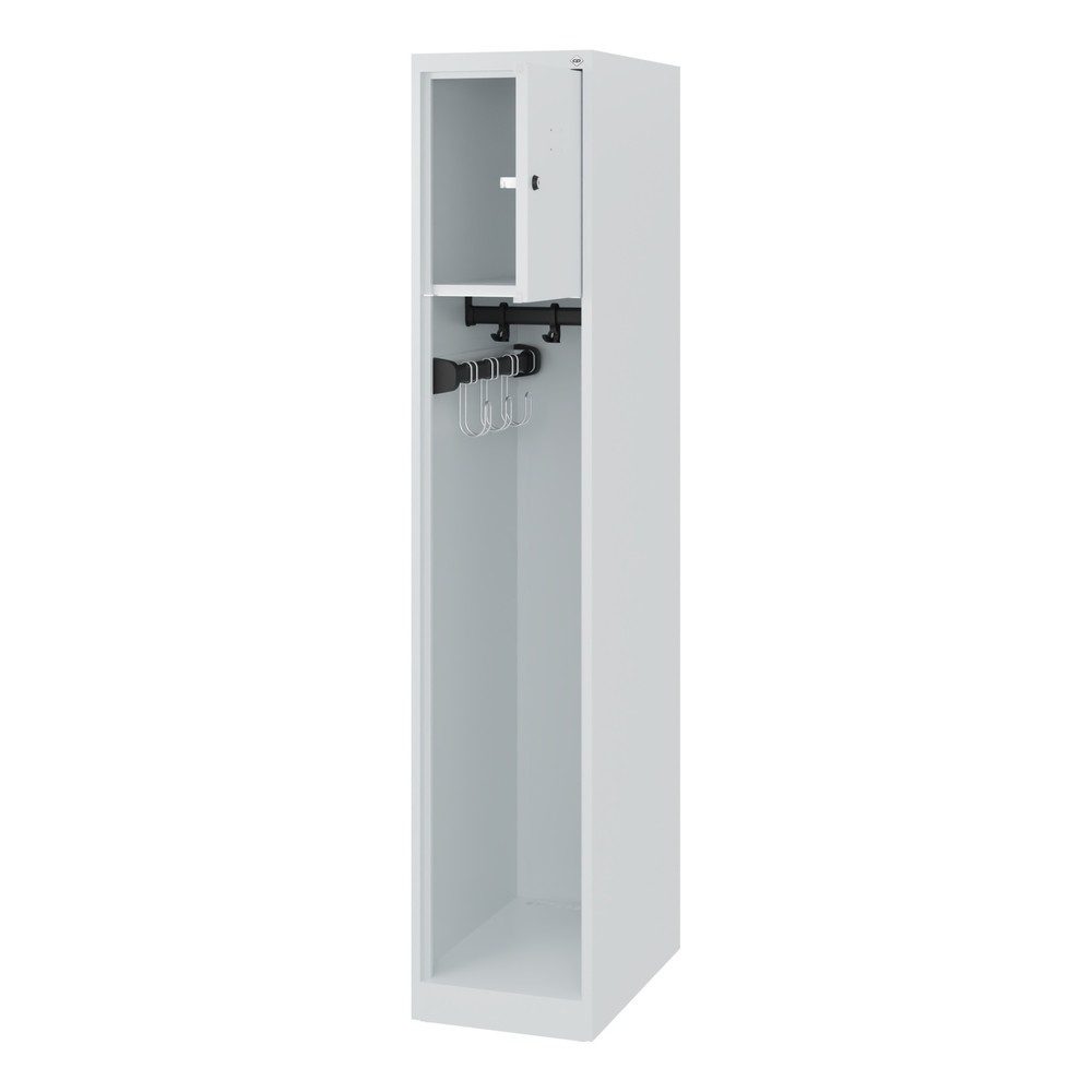 Feuerwehrspind C+P Evolo Youngster, 1 Abteil, ohne Helmhalter, Bodengleiter, B 300 x T 500 x H 1530 mm, RAL 7035 Lichtgrau