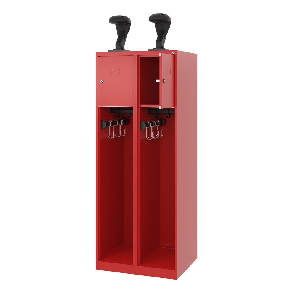 Feuerwehrspind C+P Evolo Youngster, 2 Abteile, mit Helmhalter, Bodengleiter, B 600 x T 500 x H 1530 mm, RAL 3000 Feuerrot