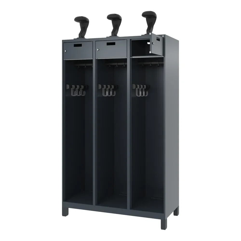 C+P Feuerwehrspind PRAKTUS, Füsse, 3 Abteile, HxBxT 1.850 x 1.200 x 500 mm, anthrazitgrau, mit Helmhalter