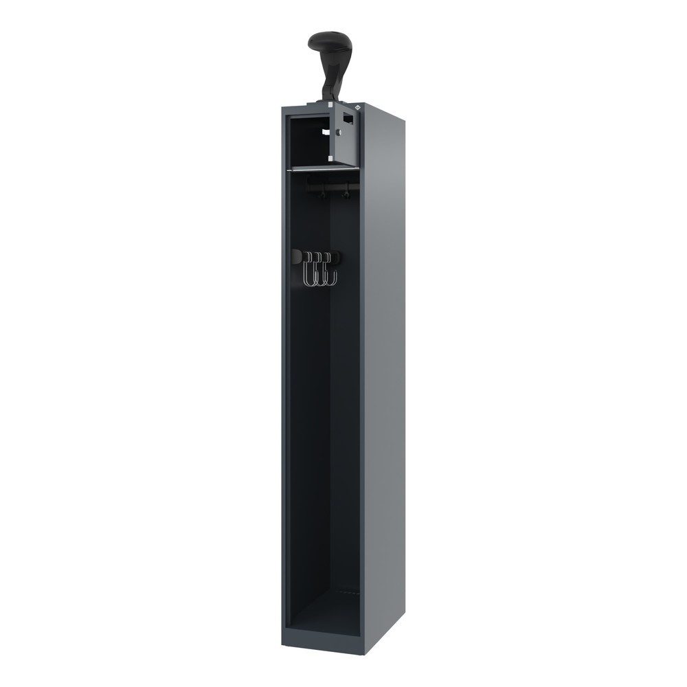 Feuerwehrspind C+P Evolo PRAKTUS, 1 Abteil, Helmhalter, mit Sockel, Bodengleiter, B 300 x T 500 x H 1850 mm, RAL 7016 Anthrazitgrau